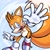 Size: 2000x2000 | Tagged: safe, artist:brinst, miles "tails" prower, fox, 2025, abstract background, falling, hand up, looking at viewer, male, mouth open, no pupils, open smile, reaching towards the viewer, signature, smile, solo