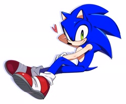 Size: 2048x1691 | Tagged: safe, artist:kou_sonic, sonic the hedgehog, 2025, hand behind head, heart, looking at viewer, outline, signature, simple background, sitting, smile, solo, white background