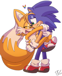 Size: 2071x2555 | Tagged: safe, artist:triplettailedfox, miles "tails" prower, sonic the hedgehog, 2025, alternate version, blushing, carrying them, cute, duo, eyelashes, eyes closed, fangs, gay, heart, holding each other, lidded eyes, looking at them, mobius.social exclusive, mouth open, shipping, signature, simple background, smile, sonabetes, sonic x tails, standing, tailabetes, top surgery scars, trans male, transgender, transparent background, wholesome