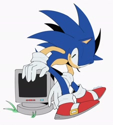 Size: 1862x2048 | Tagged: safe, artist:trizziefrizzie, sonic the hedgehog, 2025, flat colors, grass, looking at viewer, monitor, signature, simple background, sitting, smile, solo, white background