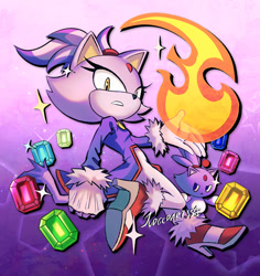 Size: 906x960 | Tagged: safe, artist:judgarts, blaze the cat, chao, 2025, abstract background, blaze chao, character chao, clenched teeth, duo, fire, flame, frown, looking at viewer, signature, sol emerald, sparkles, star (symbol)