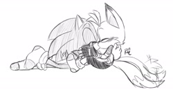 Size: 1920x996 | Tagged: safe, artist:riri_galpal, miles "tails" prower, nine, sonic the hedgehog, 2024, blushing, duo, eyes closed, gay, kiss, line art, lying down, lying on front, monochrome, nine x sonic, shipping, signature, simple background, sitting, sonic x tails, wagging tail, white background