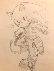 Size: 1536x2048 | Tagged: safe, artist:aohari251, sonic the hedgehog, bag, grin, jacket, monochrome, pants, pencilwork, smile, solo, sparkles, standing on one leg, traditional media