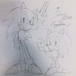 Size: 1920x1920 | Tagged: safe, artist:aohari251, sonic the hedgehog, anniversary, arm up, classic sonic, duo, english text, greyscale, grin, monochrome, pencilwork, self paradox, smile, standing, traditional media