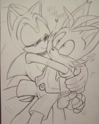 Size: 1638x2048 | Tagged: safe, artist:lebluenooki, miles "tails" prower, nine, sonic the hedgehog, 2023, blushing, dialogue, duo, english text, gay, heart, holding them, kiss on cheek, line art, nine x sonic, pencilwork, shipping, simple background, sonic x tails, standing, surprise kiss, surprised