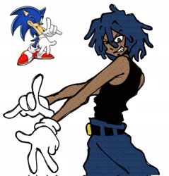 Size: 1959x2048 | Tagged: safe, artist:damagnificent0, sonic the hedgehog, human, 2025, backwards v sign, devil horns (gesture), eyebrow clipping through hair, humanized, looking at viewer, reference inset, simple background, smile, solo, standing, v sign, white background, wink