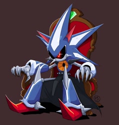 Size: 1144x1200 | Tagged: safe, artist:biomadders, metal sonic, neo metal sonic, 2025, black sclera, brown background, glowing eyes, looking offscreen, robot, simple background, sitting, solo, throne