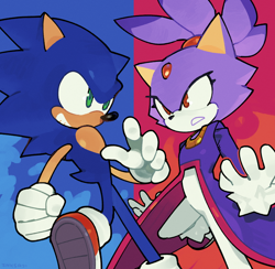 Size: 880x859 | Tagged: safe, artist:inksaji, blaze the cat, sonic the hedgehog, 2025, abstract background, clenched teeth, duo, frown, looking at them, looking offscreen, smile, sonic rush