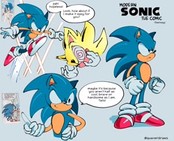 Size: 1782x1449 | Tagged: safe, artist:quaverdraws, sonic the hedgehog, super sonic, blue background, english text, fleetway super sonic, multiple views, redraw, reference inset, simple background, solo, sonic the comic, speech bubble, standing, super form