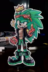 Size: 1368x2048 | Tagged: safe, artist:_milestt, scourge the hedgehog, 2024, clenched fist, ear piercing, earring, fingerless gloves, looking at viewer, markerwork, middle finger, mouth open, sharp teeth, smile, solo, sparkles, standing, tongue out, tongue piercing, traditional media