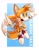 Size: 1594x2048 | Tagged: safe, artist:thatbirdguy_, miles "tails" prower, fox, 2025, abstract background, arms out, character name, classic tails, flying, looking offscreen, male, mouth open, pointing, smile, solo, spinning tails