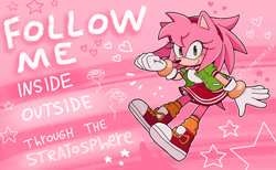 Size: 1280x789 | Tagged: safe, artist:flameheart87, amy rose, hedgehog, alternate outfit, alternate version, clothes, english text, female, follow me (song), freckles, hearts, lyrics, pink background, redesign, rose, signature, solo, song lyrics, star (symbol)