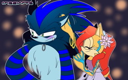 Size: 1709x1068 | Tagged: safe, artist:risziarts, sally acorn, chipmunk, alternate outfit, au:sonic world travel, blue power pattern, celebration, clothes, cosplay, cyan power pattern, date, duo, halloween, lights, sally x sonic, shipping, sonic the werehog, straight, werehog