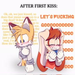 Size: 2048x2047 | Tagged: safe, artist:_ra_fox_, cream the rabbit, miles "tails" prower, fox, rabbit, clothes, duo, english text, female, male, older, shipping, straight, taiream
