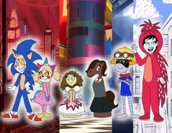 Size: 1280x989 | Tagged: safe, artist:lubamatusevich, sonic the hedgehog, non-sonic oc, oc, oc:arina (fundamental paper education), oc:artem doorman (murder drones), oc:artemiy morningstar (hazbin hotel), oc:ksusha morningstar (hazbin hotel), oc:marie (the amazing digital circus), oc:pelageya (the amazing digital circus), brawl stars, brother and sister, carl (brawl stars), cartoon network, cat ears, child, clothes, cosplay, crossover, demon, dress, drone (murder drones), flaky (htf), fundamental paper education, ginny weasley, glitch productions, halloween, halloween 2025, halloween outfit, happy tree friends, harry potter, hazbin hotel, helmet, horse, humanoid, madoka kaname, murder drones, oc only, open smile, puella magi madoka magica, robot, school uniform, sisters, smiling at viewer, sneakers, teenager, the amazing digital circus, tie, uniform, unikitty, worker drone