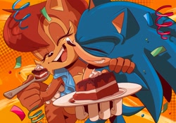Size: 2048x1423 | Tagged: safe, artist:jadepesky, sally acorn, sonic the hedgehog, chipmunk, hedgehog, cake, duo, female, food, male, sally x sonic, sally's vest and boots, shipping, straight