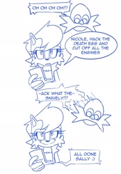 Size: 1424x2048 | Tagged: safe, artist:jadepesky, nicole the handheld, sally acorn, chipmunk, comic, death egg, dialogue, english text