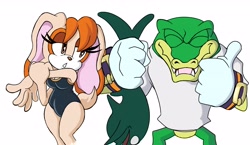 Size: 4096x2373 | Tagged: safe, artist:cosmicseternity, vanilla the rabbit, vector the crocodile, fish