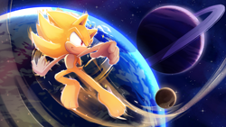 Size: 4800x2700 | Tagged: safe, artist:sheylog, sonic the hedgehog, super sonic, barefoot, flying, gloves off, moon, naked, smile, space, star (sky), super form