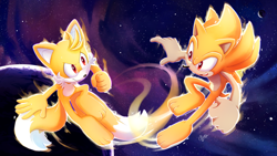 Size: 4800x2700 | Tagged: safe, artist:sheylog, miles "tails" prower, sonic the hedgehog, super sonic, super tails, barefoot, duo, flying, gloves off, males only, moon, naked, paws, planet, shoes off, smile, space, star (sky), super form