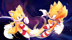 Size: 4800x2700 | Tagged: safe, artist:sheylog, miles "tails" prower, sonic the hedgehog, super sonic, super tails, duo, flying, gloves, males only, moon, shoes, smile, space, star (sky), super form