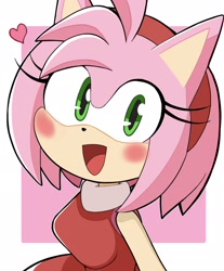 Size: 1692x2048 | Tagged: safe, artist:6n_r45, amy rose, hedgehog, 2025, amy's halterneck dress, blushing, breasts, eyelashes, female, green eyes, hairband, heart, open smile, smiling at viewer, solo, solo female