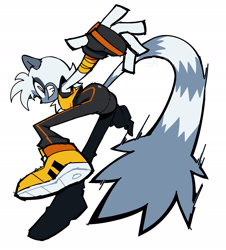 Size: 1719x1905 | Tagged: safe, artist:maxoke_, tangle the lemur, lemur, 2025, butt, chest fluff, female, fingerless gloves, grin, long tail, looking back at viewer, pose, smiling at viewer, sneakers, solo, solo female, striped tail, tangle's running suit, white background