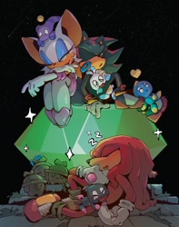 Size: 1452x1846 | Tagged: safe, artist:xviiint, knuckles the echidna, rouge the bat, shadow the hedgehog, bat, chao, echidna, hedgehog, ambiguous gender, crying, dark chao, eyelashes, eyes closed, eyeshadow, female, gloves, group, heart, hero chao, holding them, koco, male, master emerald, meteorite, nights chao, nighttime, open mouth, outdoors, rouge's heart top, shadow's hover skates, sitting, sleeping, smile, sparkles, star (sky), text, white gloves