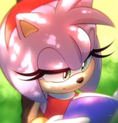 Size: 1519x1581 | Tagged: safe, artist:fakesonicfan, amy rose, hedgehog, 2025, amy's halterneck dress, book, eyelashes, female, gloves, green eyes, hairband, holding something, lidded eyes, reading, smiling, solo, solo female, white gloves