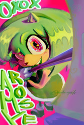 Size: 1280x1920 | Tagged: safe, artist:neda-epik, amy rose, 2025, character name, color swap, green amy, piko piko hammer, pink background, simple background, solo, standing