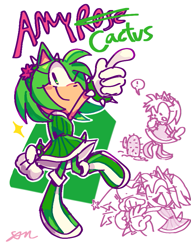Size: 649x849 | Tagged: safe, artist:justscarfy, amy rose, sonic the hedgehog, 2025, cactus, character name, color swap, duo, green amy, hugging, simple background, smile, white background