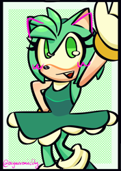 Size: 2480x3508 | Tagged: safe, artist:oxymoronicfly, amy rose, 2025, arm up, color swap, green amy, signature, simple background, smile, solo