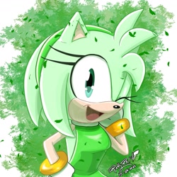 Size: 1359x1359 | Tagged: safe, artist:ruddypk14, amy rose, 2025, abstract background, color swap, female, green amy, green background, hand behind head, hand on hip, leaf, looking at viewer, mouth open, open smile, posing, smile, smiling at viewer, solo, wink, winking at viewer