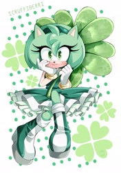 Size: 1442x2048 | Tagged: safe, artist:scruffiberri, amy rose, 2025, abstract background, color swap, female, four leaf clover, green amy, hand on own face, head rest, looking at viewer, smile, smiling at viewer, solo