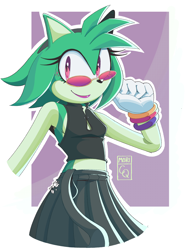 Size: 3000x4000 | Tagged: safe, artist:mori-cq, amy rose, 2025, alternate outfit, color swap, fashion, green amy, purple background, simple background, skirt, smile, solo, sunglasses