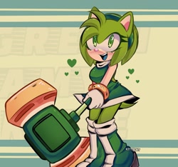 Size: 2048x1914 | Tagged: safe, artist:kitti-cat-princess, amy rose, 2025, character name, color swap, green amy, heart, piko piko hammer, smile, solo, standing