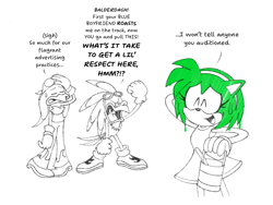 Size: 1080x810 | Tagged: safe, artist:mattprower, amy rose, jet the hawk, wave the swallow, 2025, angry, bucket, color swap, english text, green amy, holding something, paint, simple background, speech bubble, trio, white background