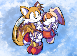 Size: 2616x1911 | Tagged: safe, artist:malachimoet, cream the rabbit, miles "tails" prower, carrying them, cream x tails, creamabetes, duo, female, flying, holding them, male, shipping, smile, tailabetes