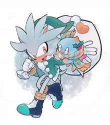 Size: 1541x1740 | Tagged: safe, artist:amanotoo, silver the hedgehog, chao, 2024, duo, hat, holding something, looking at them, mistletoe, neutral chao, sack, scarf, smile, winter outfit
