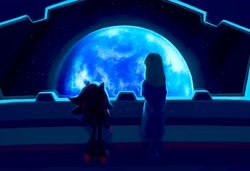 Size: 2618x1791 | Tagged: safe, artist:amanotoo, maria robotnik, shadow the hedgehog, hedgehog, human, 2023, duo, earth, from behind, space, space colony ark, standing