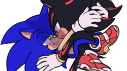 Size: 1308x735 | Tagged: suggestive, artist:amanotoo, shadow the hedgehog, sonic the hedgehog, 2023, duo, gay, grin, lidded eyes, looking at each other, shadow x sonic, shipping, simple background, smile, soap shoes, white background