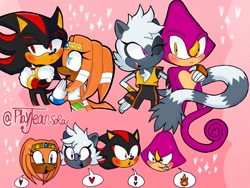 Size: 2048x1536 | Tagged: safe, artist:playjeansora, espio the chameleon, shadow the hedgehog, tangle the lemur, tikal, espio x tangle, shadikal
