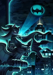 Size: 1448x2048 | Tagged: safe, artist:ari_sketchy_, shadow the hedgehog, batman, city, cityscape, clouds, crossover, looking ahead, looking offscreen, male, nighttime, solo