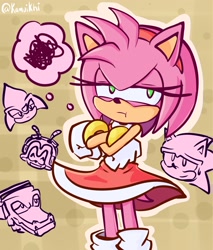 Size: 1745x2048 | Tagged: safe, artist:kamuikhi, amy rose, charmy bee, espio the chameleon, sonic the hedgehog, vector the crocodile, hedgehog, 2025, amy's halterneck dress, annoyed, arms folded, eyelashes, female, gloves, green eyes, idw, male, outline, redraw, solo focus, standing, tail, team chaotix, thought bubble, white gloves