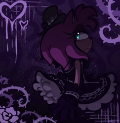 Size: 1895x1950 | Tagged: safe, artist:randomgalaxy101, amy rose, hedgehog, 2025, abstract background, alternate outfit, black gloves, blue eyes, dress, eyelashes, female, frown, gloves, glowing eyes, goth outfit, looking back at viewer, signature, solo, solo female, top hat