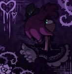 Size: 1895x1950 | Tagged: safe, artist:randomgalaxy101, amy rose, hedgehog, 2025, abstract background, alternate outfit, black gloves, blue eyes, dress, eyelashes, female, frown, gloves, glowing eyes, goth outfit, looking back at viewer, signature, solo, solo female, top hat