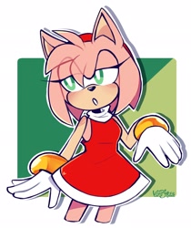 Size: 1718x2048 | Tagged: safe, artist:vonbytes, amy rose, hedgehog, 2025, abstract background, amy's halterneck dress, female, gloves, green eyes, lidded eyes, open mouth, redraw, signature, solo, solo female, sonic rush, standing, white gloves