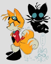 Size: 614x768 | Tagged: safe, artist:funnybonesfunny, miles "tails" prower, alternate outfit, alternate universe, english text, goggles, goggles on head, grey background, simple background, solo, standing