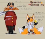 Size: 1261x1086 | Tagged: safe, artist:gabbie6543mimic, miles "tails" prower, robotnik, fox, human, 2025, alignment swap, alternate outfit, alternate universe, au:reverse genius, chaos emerald, duo, duo male, english text, goggles, goggles on head, lab coat, role swap, smile