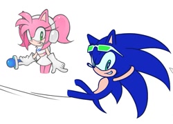 Size: 947x681 | Tagged: safe, artist:rodka_sth, amy rose, sonic the hedgehog, 2025, cosplay, duo, grin, hands behind head, simple background, smile, sonic riders, space channel 5, white background